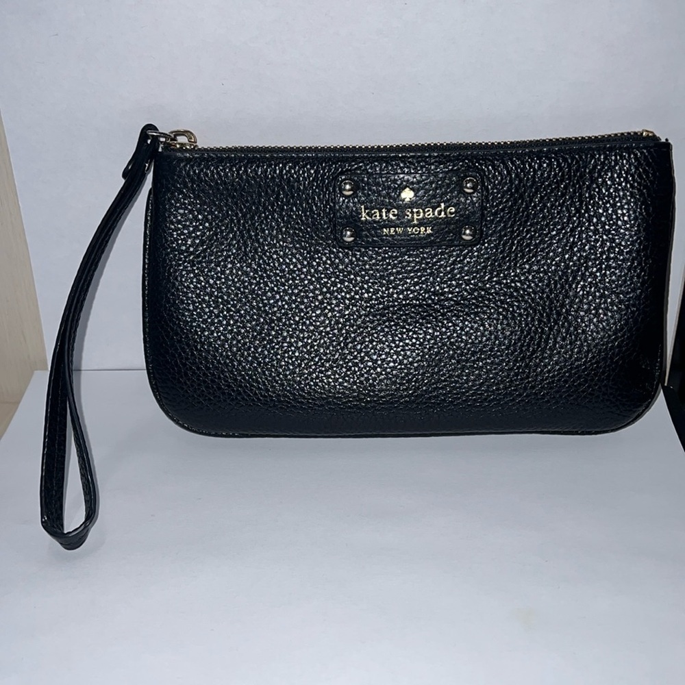 Kate Spade Black Pebbled Leather Zip Top Wristlet Clutch Bag